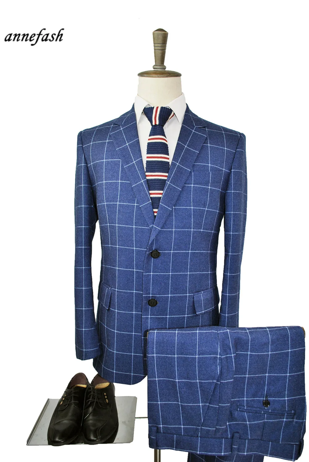 

Custom Made Men Spring Autumn Winter thick blue windowpane check pattern 3 pcs Suits Classic Men Slim Fit plaid casual Suit