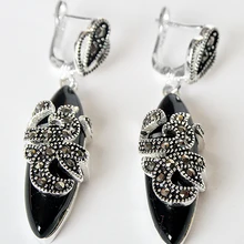 Новинка 11/" новые 925 пробы серебряные и марказитовые инкрустационные серьги с натуральным черным камнем