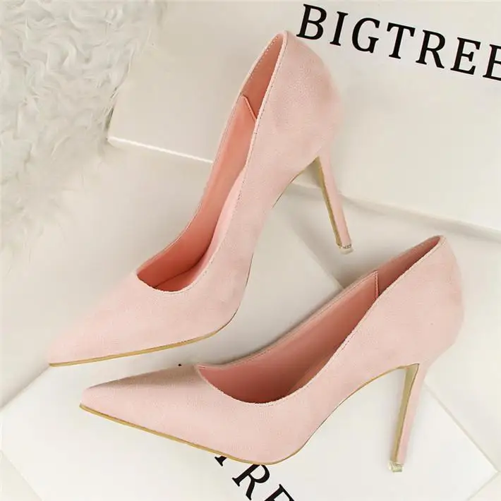BIGTREE/однотонные женские туфли из флока на высоком каблуке; женские офисные туфли с острым носком; 9 цветов; женские выразительные туфли-лодочки - Цвет: Pink