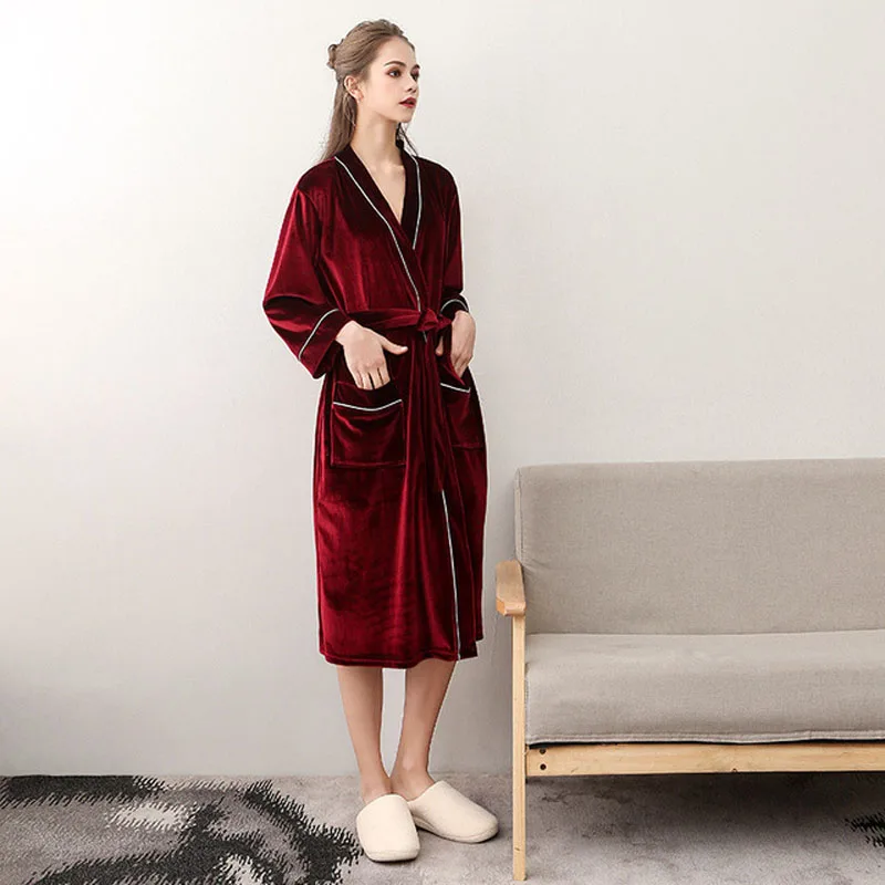 

2019 Winter Warm women Home Robe Soft Velvet Bathrobe Long Kimono Robe Dressing Gown Solid Sleepwear Ladys Long Sleeve Nightgown