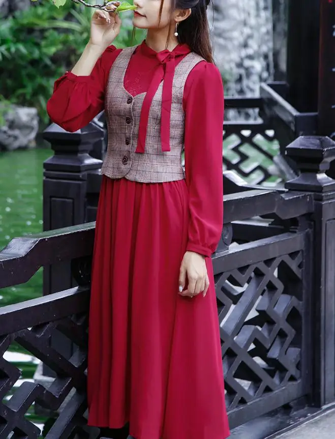 

High Quality 2019 Spring New Arrival Retro Stand Collar Two Pieces Bowknot Plaid Vest Long Sleeve Woman Long Chiffon Dress Red