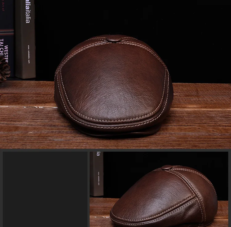 Man Eldly Dad Head Warm Velvet Boina With Line Ear Flap Hats Real Leather Fitted Thicken Beret Caps 13 10