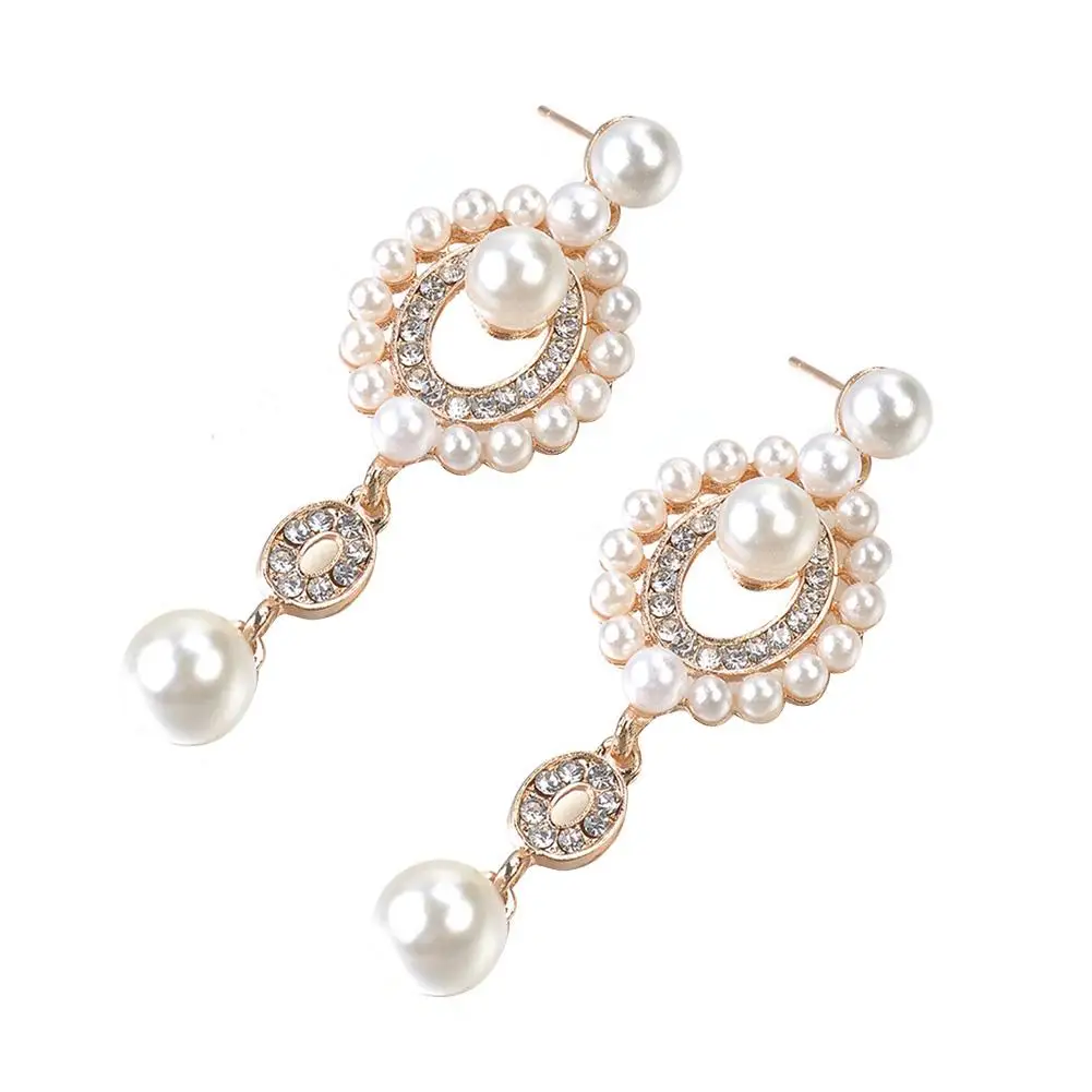 

Fashion Women Oval Faux Pearl Rhinestone Inlaid Long Dangle Earrings Lady Gift long aretes largos para mujer bohemian
