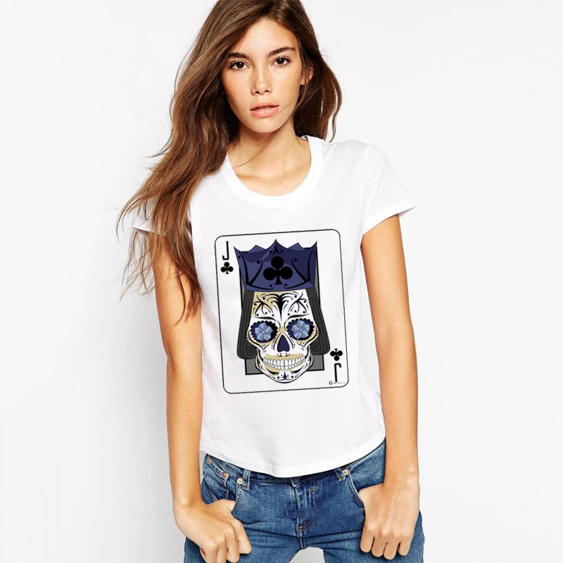 

LUS LOS Jack of Clubs Sugar Skull Playing Card Women White T-Shirt Skull Print Now Fashion