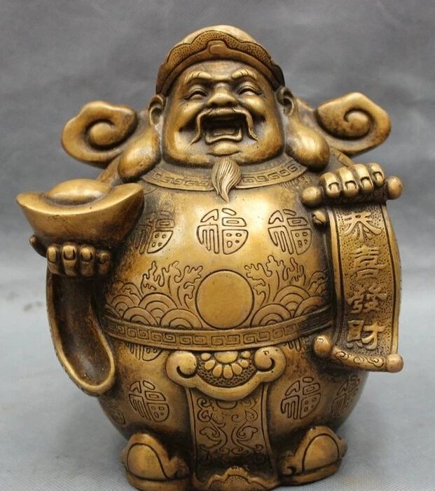 

8" Chinese Bronze Folk Buddhism YuanBao Wealth Fu Mammon God Statue Figurine