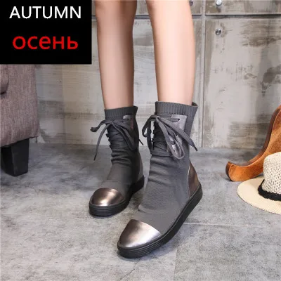 SWONCO/женские ботинки; коллекция года; сезон осень; натуральная кожа; Вязаная Шерсть; зимние ботинки; женская обувь; кожаные ботинки; женские ботинки до середины икры - Цвет: Grey Autumn