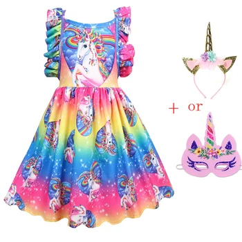 

New Baby Unicorn Dress For Girls Costume Kids Children Party headband flamingo Clothes Princess Dresses unicornio vestido Mask