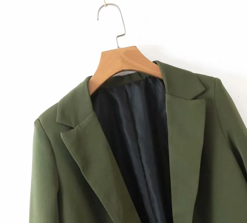 ROHOPO Army Green Double Buttons V Collar Blazer Office Ladies Slim Fit Solid Outwear Girl Fold Sleeve Flared Hem Blazer #BM2193