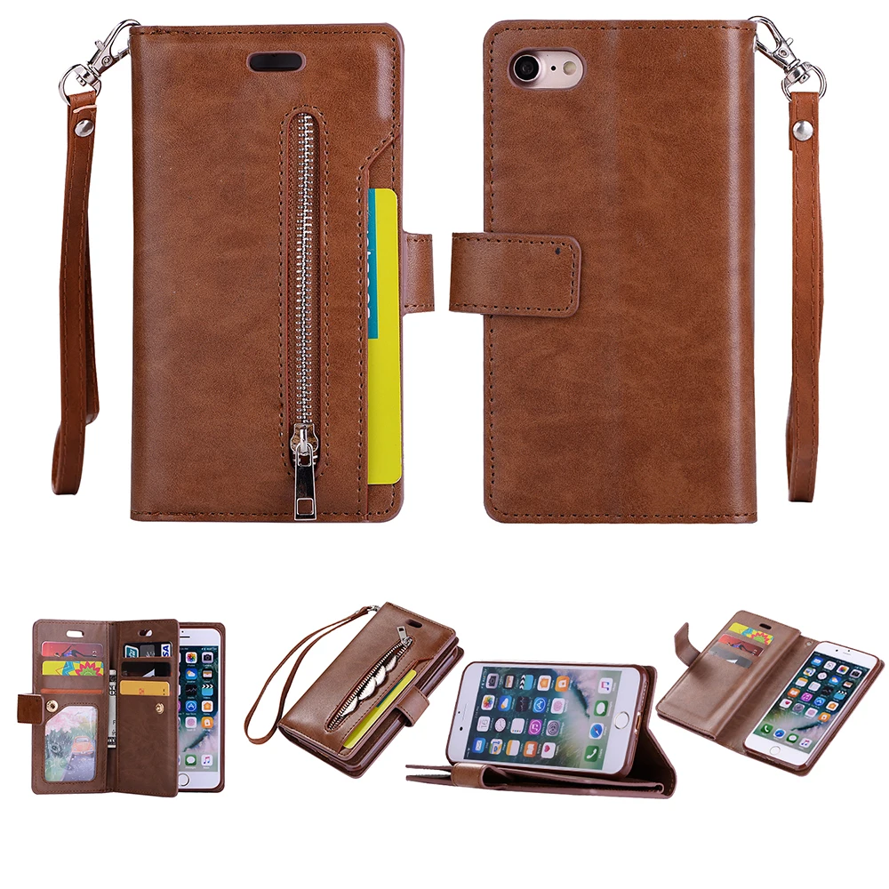 Flip Case Bag For iPhone X 8 7 6 6s Plus Leather Zipper Pouch Kickstand Wallet Cover With ID Card Slots&ampMoney Pocket&ampWrist Strap |