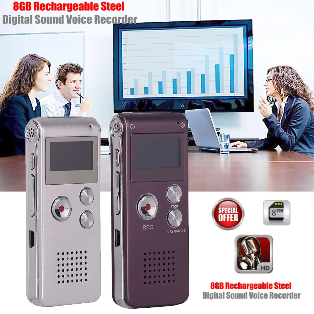 8GB перезаряжаемый стальной цифровой звук, диктофон, диктофон, mp3-плеер, записывающий мобильный флэш-диск