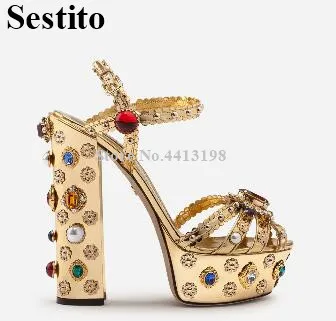 

Summer Gold Rhinestone Pearl Rivet Fashion Ladies Shoes Platform Ankle Strap Buckle Peep Toe High Hoof Heel Hot Sale Women Shoes