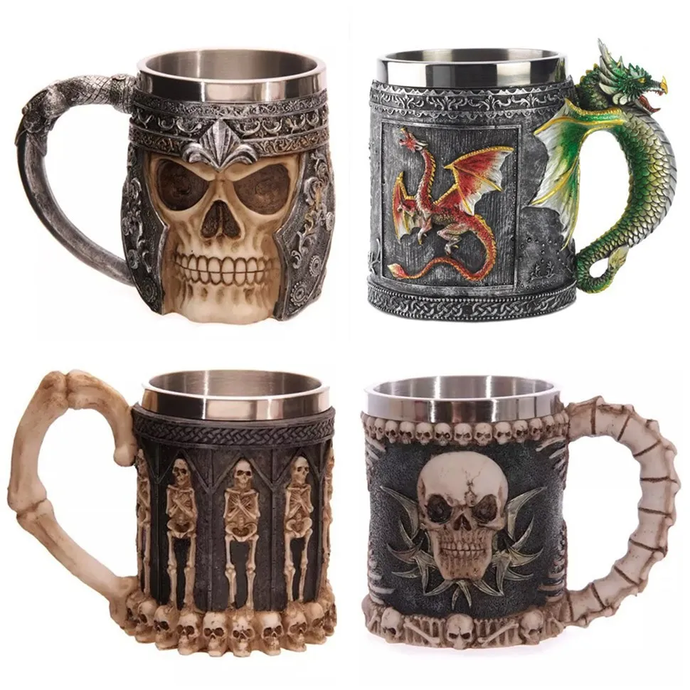 

3D Skull Resin Double Stainless Steel Mark Cup Skull Cafe Drinking Water Cup stainless steel travel mug funny mugs