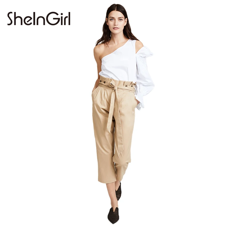 SheInGirl Women OL Solid Light Khaki Capri pants With Wasit Tie High