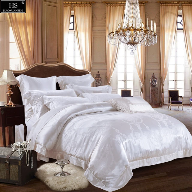 Best Offers HS Luxury Mulberry Silk 4pcs Bedding Sets European Style Jacquard Satin King Size Bedding Set Duvet Cover Flat Sheet Pillowcase Best Offers HS Luxury Mulberry Silk 4pcs Bedding Sets European Style Jacquard Satin King Size Bedding Set Duvet Cover Flat Sheet Pillowcase