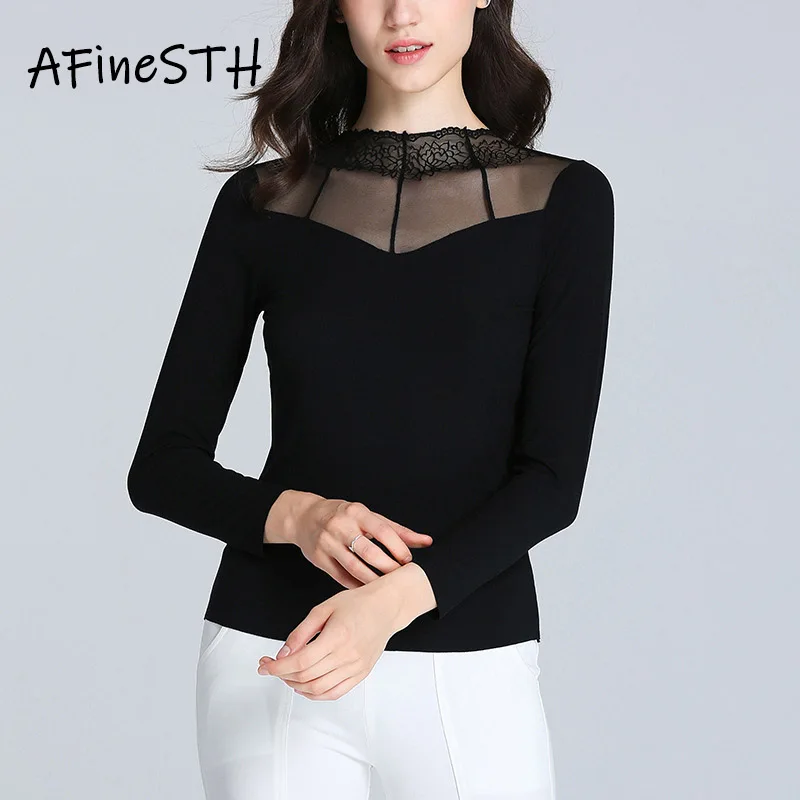 

AFineSTH Spring Slim Fit Women Shirt Long Sleeve Lace Stand Tops Patchwork Hollow Solid Color T-shirt Spandex Regular Style Tees