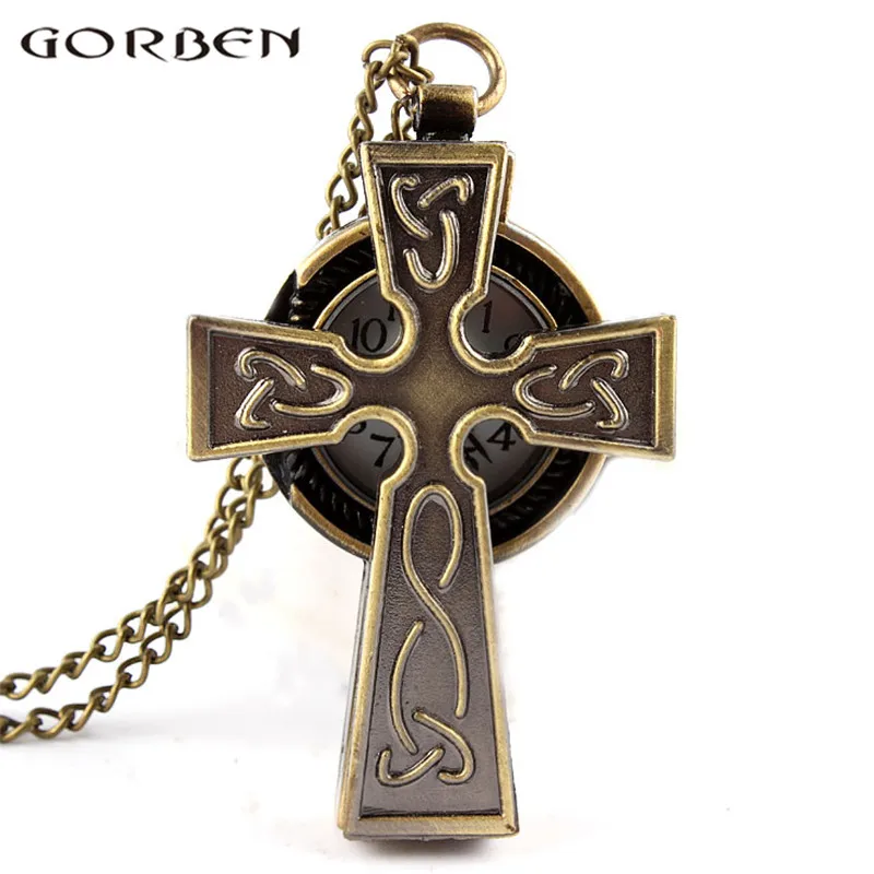

2017 Gorben watch fashion cross small pocket watch women men elegant gift mini size hollow pendant watches necklace long chain