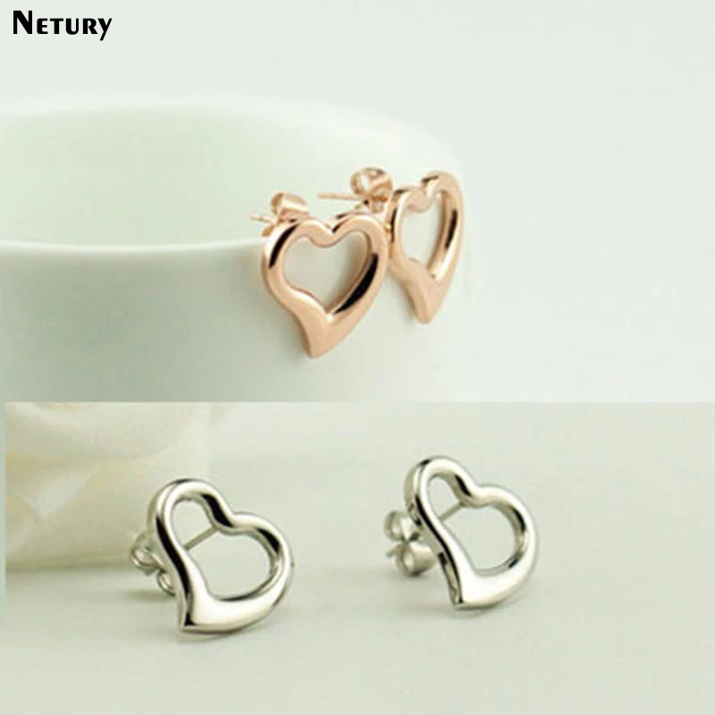 

New fashion Women Korea earrings heart romantic Titanium steel gold silver cute stud earrings Openwork lady simple Girl jewelry