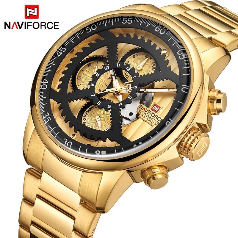 NAVIFORCE мужские модные спортивные часы золотые кварцевые 24 часа роскошные