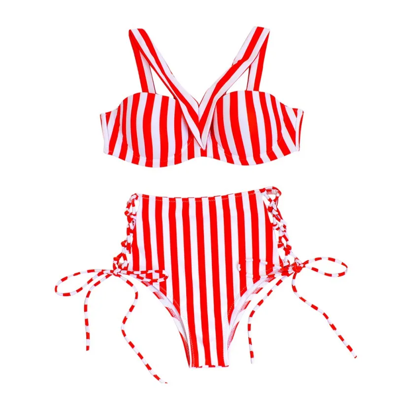 

Women Sexy Red and White Stripes Printed Bikinis Thong Bikini Swimwear Split Swimsuit Swimming Suit