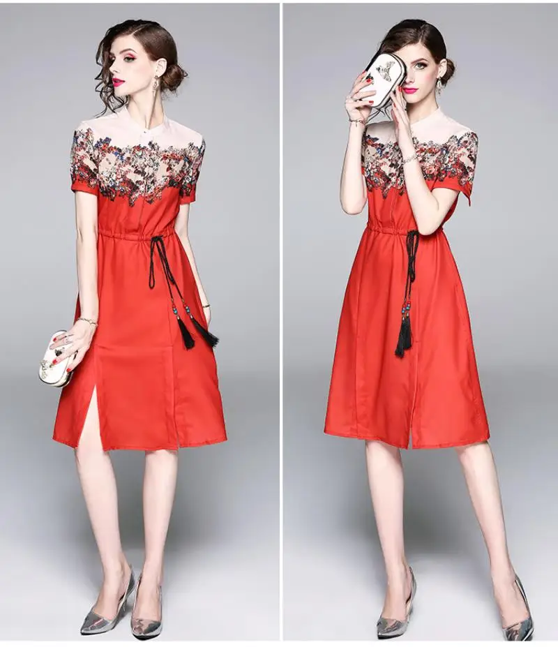 2018 New Autumn European Fashion Print dress Vintage Floral Print Patchwork Short Sleeve Casual Dress With Beaded Belt