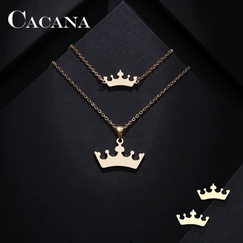 

CACANA Stainless Steel Sets For Women Cartoon Crown Shape Necklace Bracelets Earrings For Women Lover's Engagement Jewelry