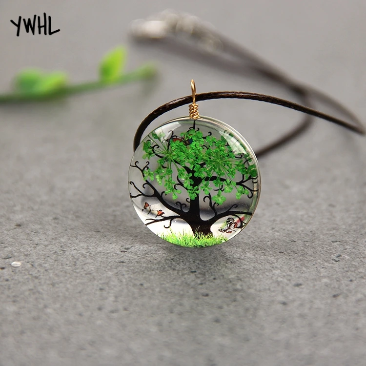 

YWHL Fashion romantic life tree Glass ball pendant necklace，Dried flower plant specimen Handmade DIY child jewelry
