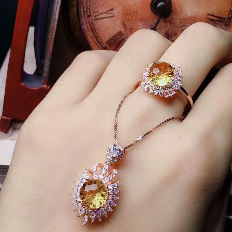 

Video! Fidelity Natural 8mm crystal s925 sterling silver fashion fine jewelry sets women natural yellow gemstone ring Pendant