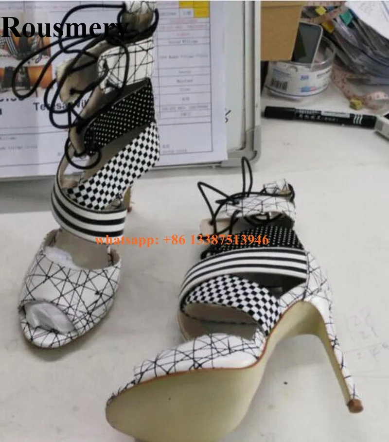 Women High Quality Open Toe Lace-up Ink Printed Gladiator Sandals Ankle Wrap Straps Cross High Heel Sandals Dress Shoes Women High Quality Open Toe Lace-up Ink Printed Gladiator Sandals Ankle Wrap Straps Cross High Heel Sandals Dress Shoes