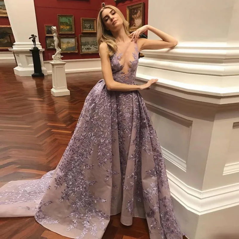 

Charming Lavender Prom Gown With Detachable Train Illusion Jewel Neck Embred Fooidery Appliqurmal Party Dress Vestido De Festa