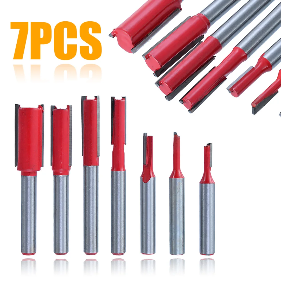 

7Pcs 1/4" Shank Double Flute Straight Router Bit Set Woodworking Milling Cutter Router for Wood Endmill
