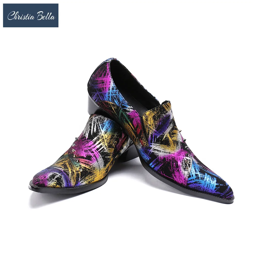 

Christia Bella Luxury Business Shoes with Rivets Print Flower Fashion Party and Wedding Men Loafers Plus Size Men High Heel Shoe