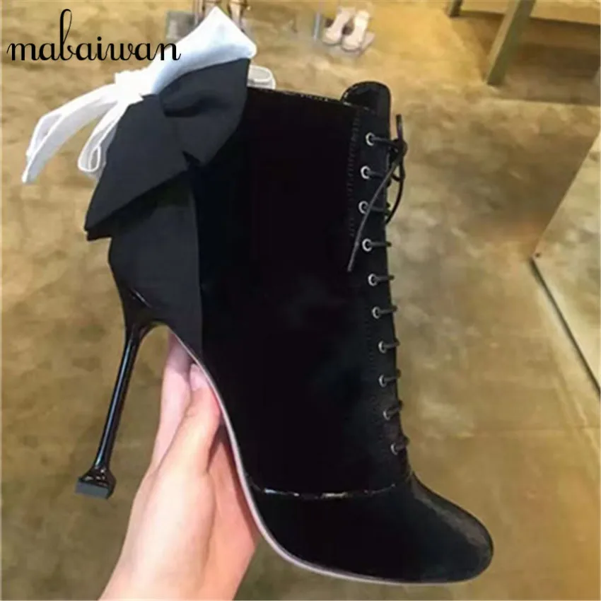 

Fashion Designer Women Ankle Boots Velvet 9CM High Heels Back Bowknot Decor Botas Mujer Lace Up Wedding Dress Shoes Women Pumps