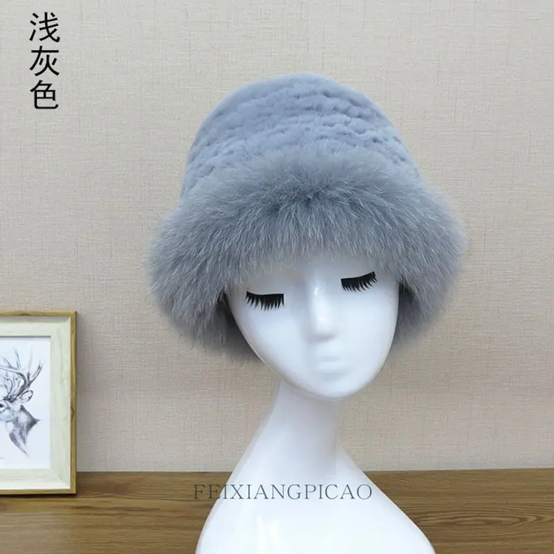 

New arrival lady autumn winter natural fur fedros rex rabbit fur knitted real fox fur brim thick warm fashion