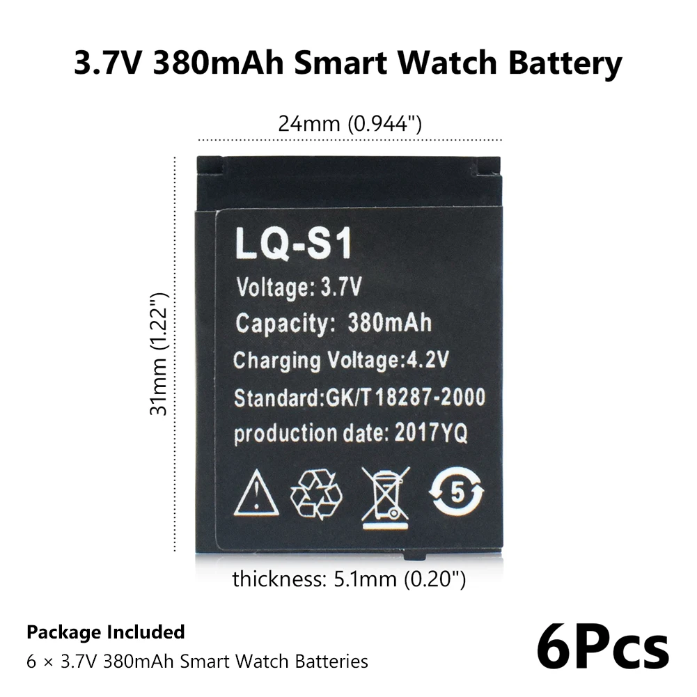 6 шт., LQ-S1, 3,7 в, 380 мА/ч, литиевая аккумуляторная батарея, полимерная, Li-po, сменная батарея для DZ09 QW09 W8 A1 V8 X6, Смарт-часы