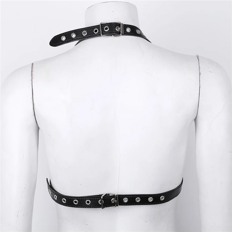 Women PU Leather Classic Black Open Cup Adjustable Wetlook Sexy Body Chain Harness Bra Belt with Buckles and Rivets