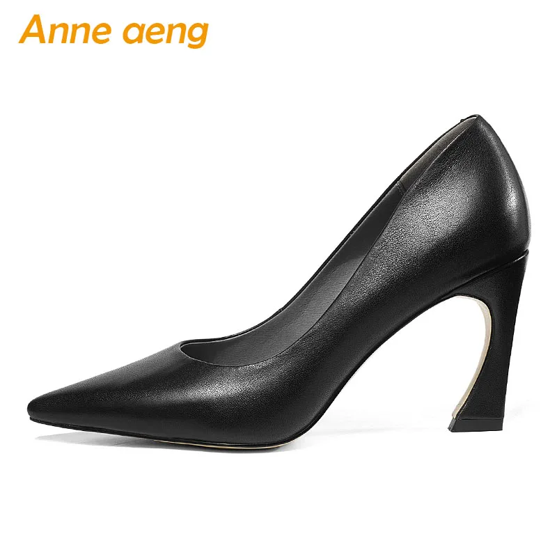 2019 New Genuine Leather Women Pumps High Square Heel Pointed Toe Shallow Sexy Office Ladies Women Shoes Black High Heels Pumps