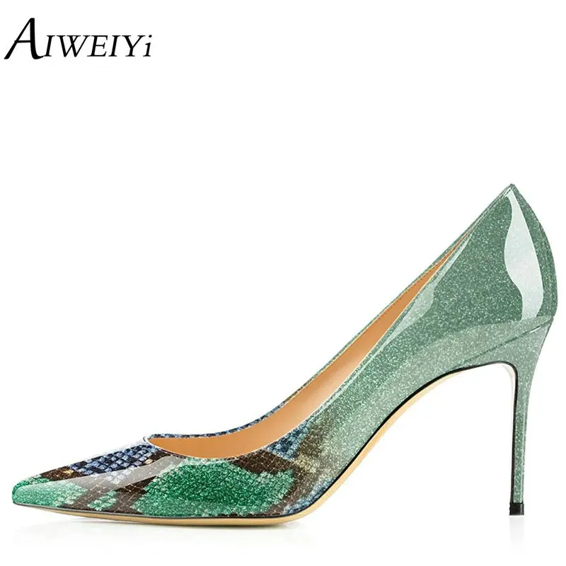 

AIWEIYi Pointed toe High Heels 8.5CM Snake Print Stiletto High Heeled Shoes Patent Leather Basic Pumps Casual Shoes Woman