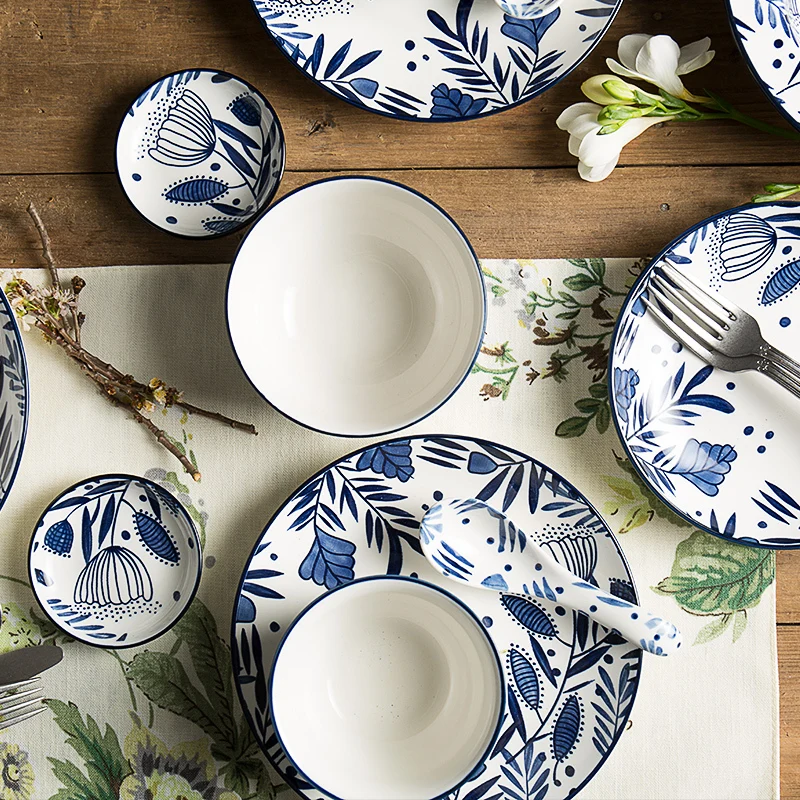 

ceramic dishes and plates sets creative floral printed pigmented rice bowls noodles soup bowl steak plate spoon ins popular