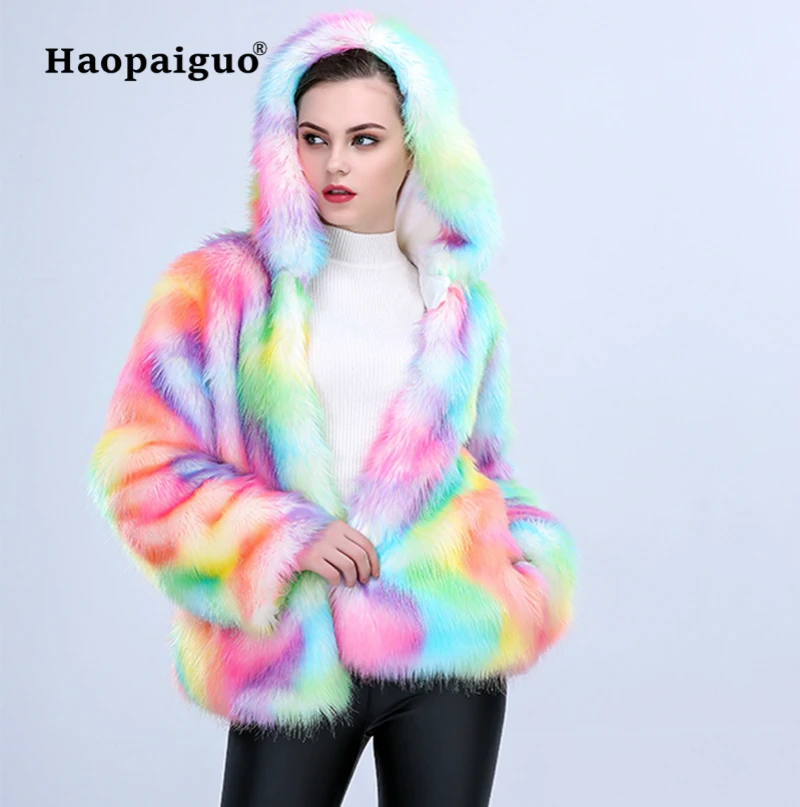

S-XXXL Plus Size Long Faux Fur Coat Women Thicken Warm Winter Streetwear Fox Fur Coat Female Fashion Rainbow Cardigan Outerwear