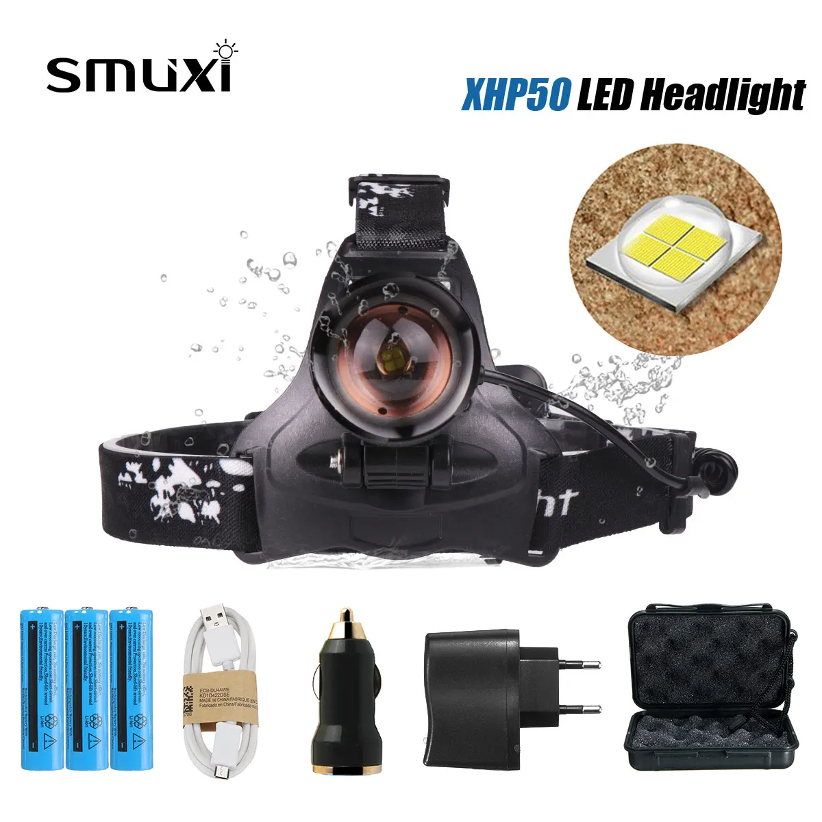 

XHP50 headlight 2 modes 60000lm LED Smuxi headlamp head light waterproof flashlight zoomable 3*18650 include for hunting cycli