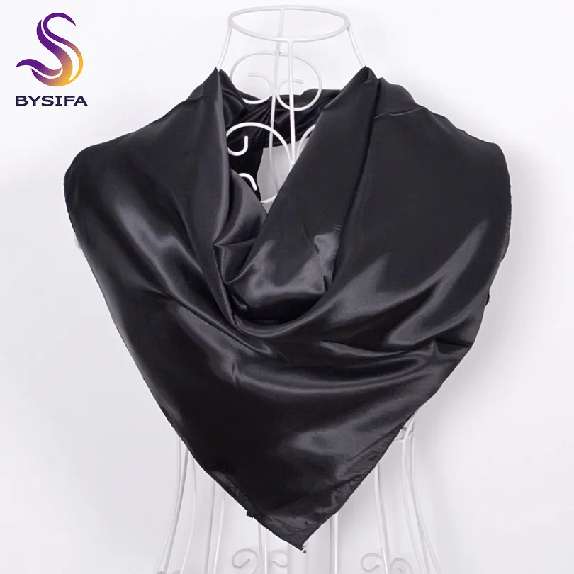 [BYSIFA] Зимние простые квадратные шарфы для женщин, мужские новые яркие цвета, шелковый шарф 90*90 см, Осеннее шелковое кашне мусульманские платки - Цвет: black