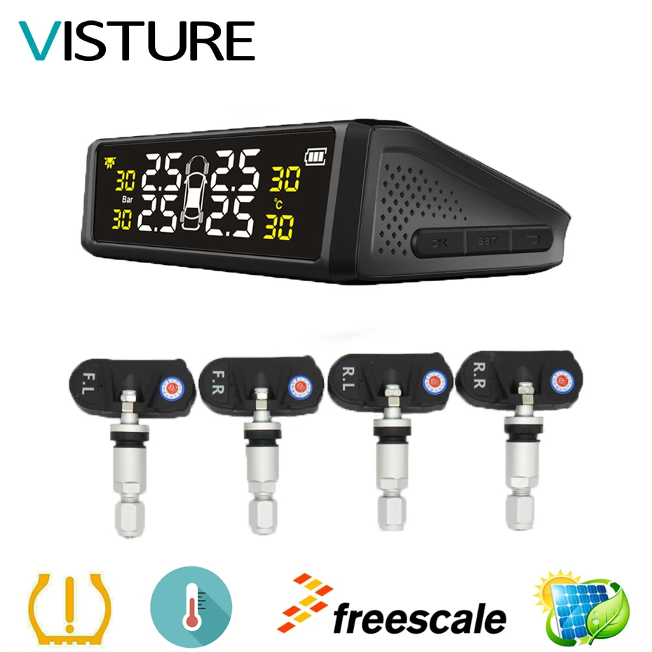 

New Solar Power TPMS Car Tire Pressure Alarm Monitor System 4 Internal Sensor Temperature Alarm Visture S05N