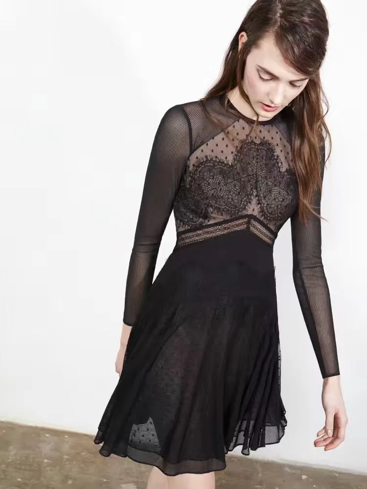 Wholesale Free Shipping 2016 Fashion Lace stitching net yarn long-sleeved dress Buy Cheap Free Shipping 2016 Fashion Lace stitching net yarn long-sleeved dress