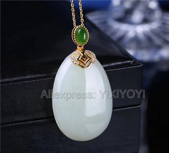 925 Sterling Silver White Green HeTian Jade Round Buckle Dangle Design Lucky Pendant + Chain Necklace Fine Jewelry Charm Gift 925 Sterling Silver White Green HeTian Jade Round Buckle Dangle Design Lucky Pendant + Chain Necklace Fine Jewelry Charm Gift