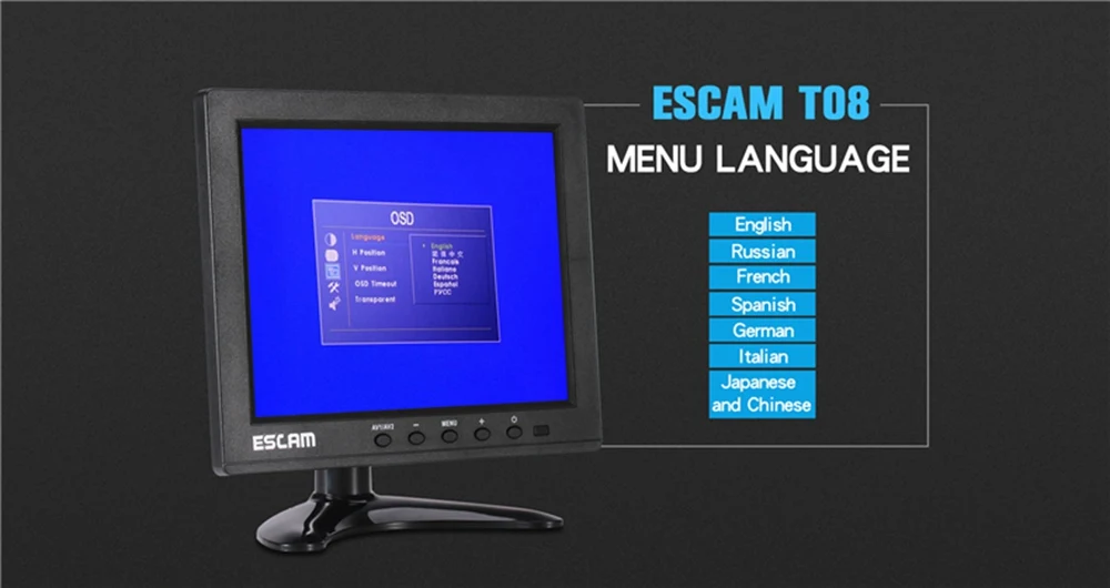 ESCAM T08 8 дюймов TFT ЖК-дисплей 1024x768 монитор с VGA HDMI AV BNC USB для ПК видеонаблюдения Камера