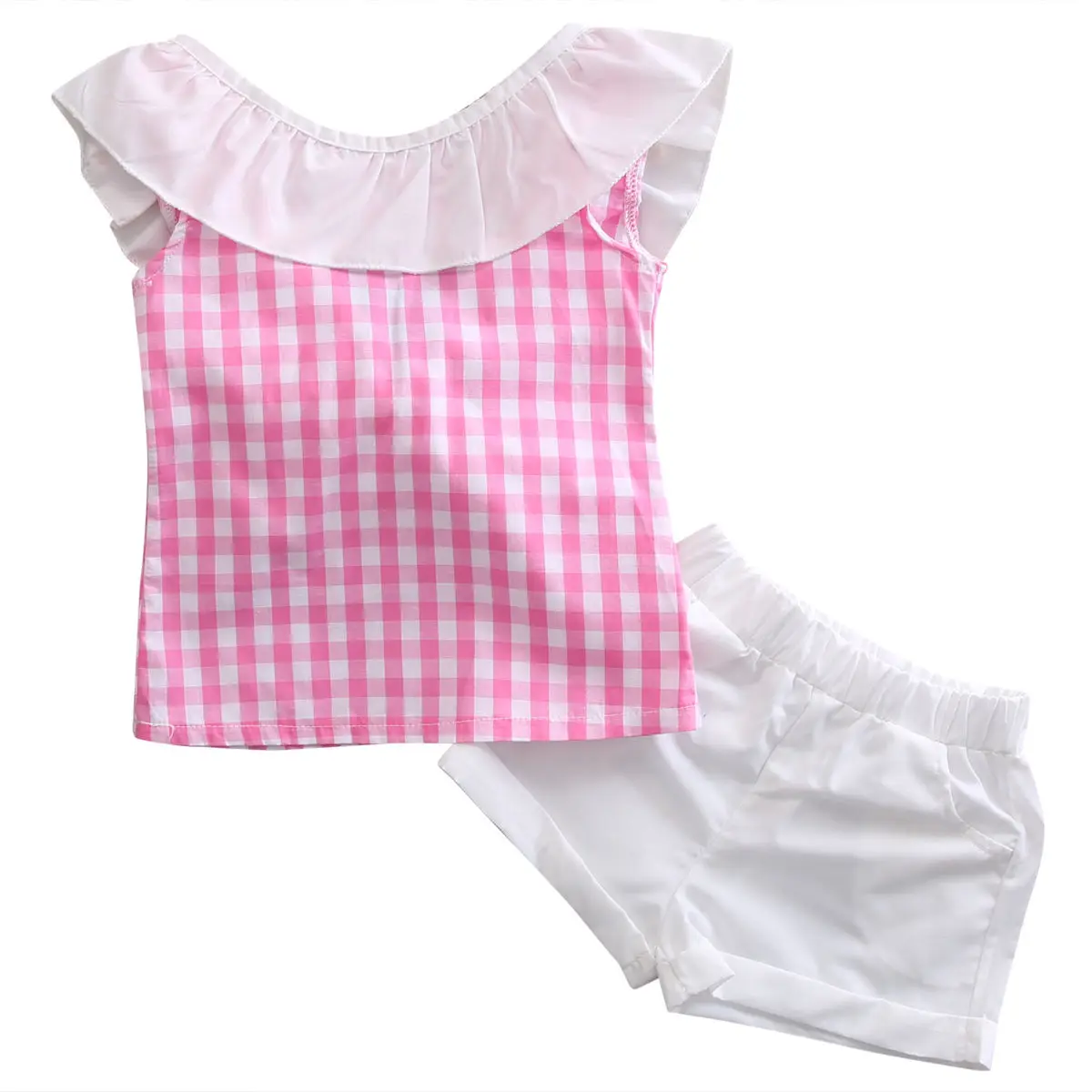 Summer New Cute Toddler Kids Girl Short Sleeve Bowknot Plaid Shirt Tops Short Outfits Fashion