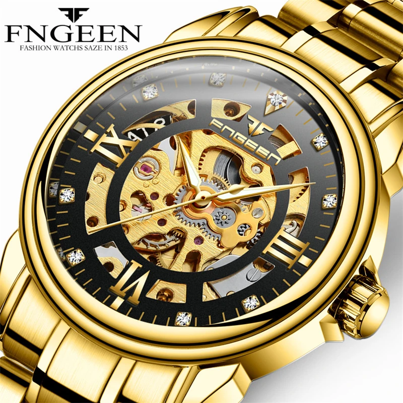 

FNGEEN Brand Quality Gold Watch for Man Self Winding Automatic Mechanical Watches Business Luxury Mens Skeleton Orologio Uomo