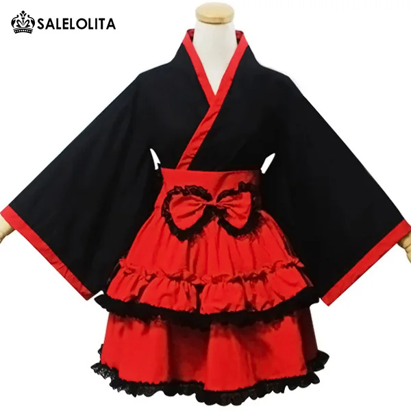 Japanese Girls Kimono Festival Parade Costume Sweet Maid Uniforms Black
