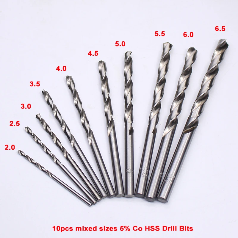

5 Lots 10pcs/lot 5% Cobalt High Speed Steel Drill Bits Set HSS Twist Drills Bits For Drilling thick Steel Mixed Size