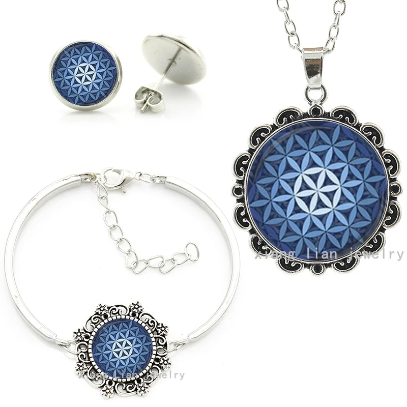 

Vintage blue mandala Sacred Geometry art statement necklace earrings bracelet sets mothers Christmas gifts jewelry set HT014